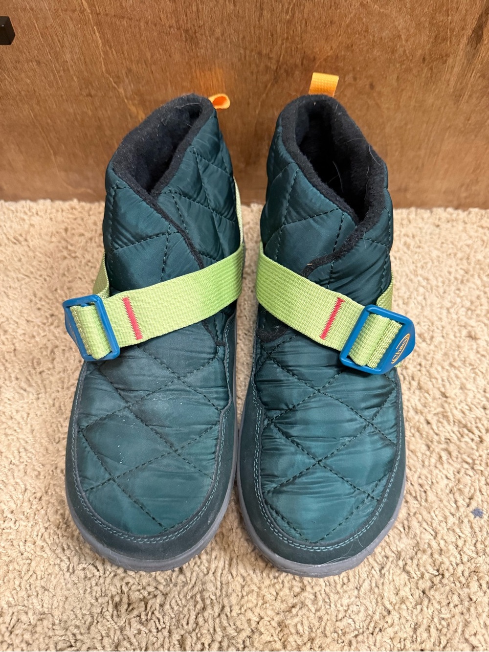 Chaco Kids Teal Quilted Slip-On Boots with Lime Strap and Blue Buckles